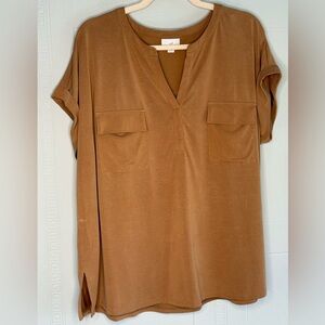 J. Jill Relaxed Fit Tan V-Neck Short Sleeve Pocket Tee Size XL Oversized